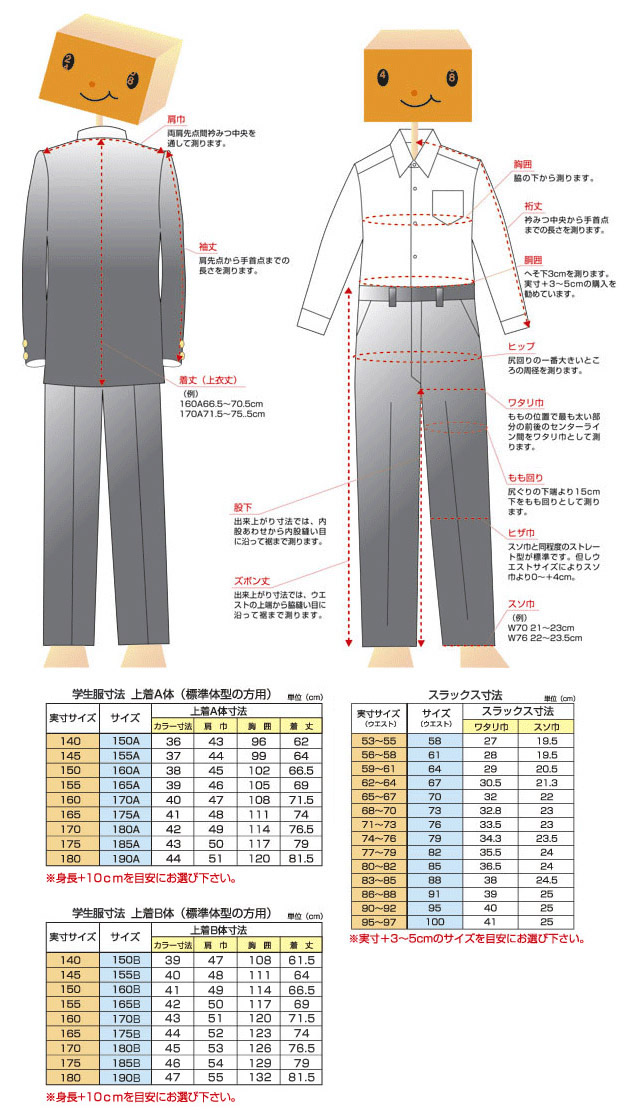 学生についての説明とサイズ表記