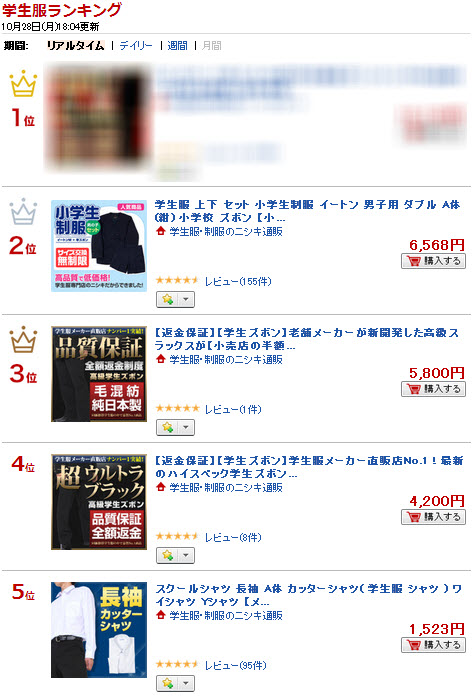 学生服のリアルタイムランキング楽天