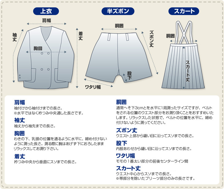 学生服のサイズ表記名称